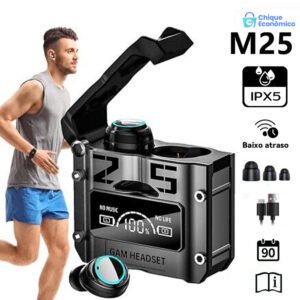 Fone De Ouvido Sem Fio TWS M25 Bluetooth 5.3 À Prova D’água 9D Stereo Sports Earbuds LED com Microfone