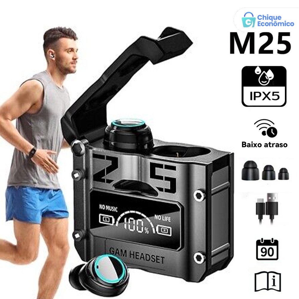 Fone De Ouvido Sem Fio TWS M25 Bluetooth 5.3 À Prova D’água 9D Stereo Sports Earbuds LED com Microfone